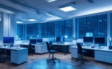 Ein strahlendes, modernes Büro mit warmem Tageslicht, in dem ein charismatischer Entwickler konzentriert an einem offenen Laptop arbeitet, umgeben von Notizen und technischen Skizzen, die die lebendige Zukunftsgestaltung von CSS lebendig und inspirierend einfangen.