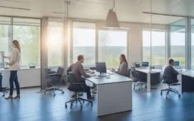 In einem modernen, lichtdurchfluteten Büro strahlt ein vielfältiges Team engagiert am Tisch sitzend Wärme und Zuversicht aus, während natürliche Sonnenstrahlen sanft durch große Fenster fallen und symbolisch die verantwortungsvolle Verbindung von digitaler Ethik und Datenschutz in der Arbeitswelt illustrieren.
