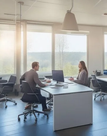 In einem modernen, lichtdurchfluteten Büro strahlt ein vielfältiges Team engagiert am Tisch sitzend Wärme und Zuversicht aus, während natürliche Sonnenstrahlen sanft durch große Fenster fallen und symbolisch die verantwortungsvolle Verbindung von digitaler Ethik und Datenschutz in der Arbeitswelt illustrieren.