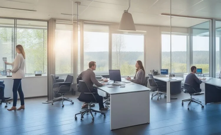 In einem modernen, lichtdurchfluteten Büro strahlt ein vielfältiges Team engagiert am Tisch sitzend Wärme und Zuversicht aus, während natürliche Sonnenstrahlen sanft durch große Fenster fallen und symbolisch die verantwortungsvolle Verbindung von digitaler Ethik und Datenschutz in der Arbeitswelt illustrieren.