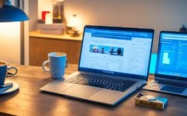 Ein hell erleuchteter, freundlicher Arbeitsplatz mit einem modernen Laptop, auf dem eine klare WordPress-SEO-Dashboard-Oberfläche zu sehen ist, umgeben von Notizbüchern, einer Tasse Kaffee und sanft einfallendem Tageslicht, das eine Atmosphäre von produktiver Konzentration und technischer Präzision schafft.