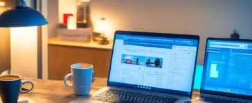 Ein hell erleuchteter, freundlicher Arbeitsplatz mit einem modernen Laptop, auf dem eine klare WordPress-SEO-Dashboard-Oberfläche zu sehen ist, umgeben von Notizbüchern, einer Tasse Kaffee und sanft einfallendem Tageslicht, das eine Atmosphäre von produktiver Konzentration und technischer Präzision schafft.
