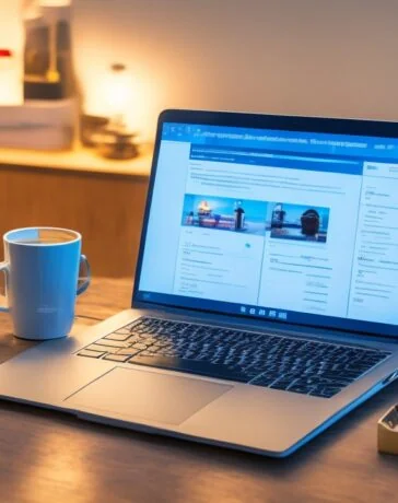 Ein hell erleuchteter, freundlicher Arbeitsplatz mit einem modernen Laptop, auf dem eine klare WordPress-SEO-Dashboard-Oberfläche zu sehen ist, umgeben von Notizbüchern, einer Tasse Kaffee und sanft einfallendem Tageslicht, das eine Atmosphäre von produktiver Konzentration und technischer Präzision schafft.
