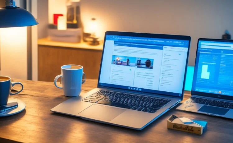 Ein hell erleuchteter, freundlicher Arbeitsplatz mit einem modernen Laptop, auf dem eine klare WordPress-SEO-Dashboard-Oberfläche zu sehen ist, umgeben von Notizbüchern, einer Tasse Kaffee und sanft einfallendem Tageslicht, das eine Atmosphäre von produktiver Konzentration und technischer Präzision schafft.