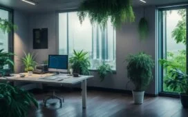 Eine helle, einfühlsame Szene in einem modernen Büro mit konzentrierter, freundlicher Person am Laptop, die in warmes Tageslicht getaucht ist und symbolisch für digitale Sicherheit und den menschlichen Umgang mit Cyberangriffen auf Versicherungskunden steht.