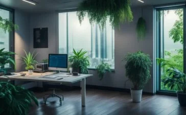 Eine helle, einfühlsame Szene in einem modernen Büro mit konzentrierter, freundlicher Person am Laptop, die in warmes Tageslicht getaucht ist und symbolisch für digitale Sicherheit und den menschlichen Umgang mit Cyberangriffen auf Versicherungskunden steht.