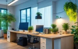 Ein warm beleuchtetes, modernes Büro mit einem freundlichen Entwickler, der konzentriert vor einem hellen Bildschirm mit Code-Snippets und technischen Skizzen sitzt, umgeben von Pflanzen und natürlichem Tageslicht, das eine einladende Atmosphäre der digitalen Innovation und Effizienz ausstrahlt.