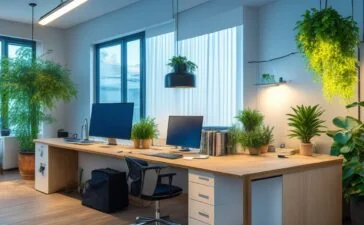 Ein warm beleuchtetes, modernes Büro mit einem freundlichen Entwickler, der konzentriert vor einem hellen Bildschirm mit Code-Snippets und technischen Skizzen sitzt, umgeben von Pflanzen und natürlichem Tageslicht, das eine einladende Atmosphäre der digitalen Innovation und Effizienz ausstrahlt.