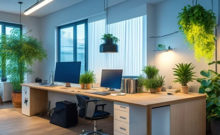 Ein warm beleuchtetes, modernes Büro mit einem freundlichen Entwickler, der konzentriert vor einem hellen Bildschirm mit Code-Snippets und technischen Skizzen sitzt, umgeben von Pflanzen und natürlichem Tageslicht, das eine einladende Atmosphäre der digitalen Innovation und Effizienz ausstrahlt.