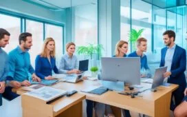 Ein lebendiges, warm ausgeleuchtetes Büro mit einem interdisziplinären Team in moderner Arbeitsatmosphäre, die konzentriert an Tablets und Laptops zusammenarbeitet, um Designentscheidungen anhand klarer Prinzipien zu treffen – natürliche Tageslichtstrahlen durch große Fenster schaffen eine freundliche, produktive Stimmung voller Zusammenarbeit und Vertrauen.