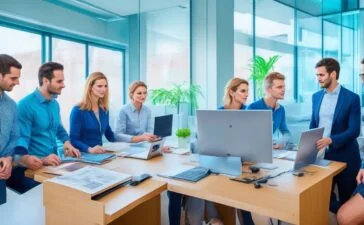 Ein lebendiges, warm ausgeleuchtetes Büro mit einem interdisziplinären Team in moderner Arbeitsatmosphäre, die konzentriert an Tablets und Laptops zusammenarbeitet, um Designentscheidungen anhand klarer Prinzipien zu treffen – natürliche Tageslichtstrahlen durch große Fenster schaffen eine freundliche, produktive Stimmung voller Zusammenarbeit und Vertrauen.