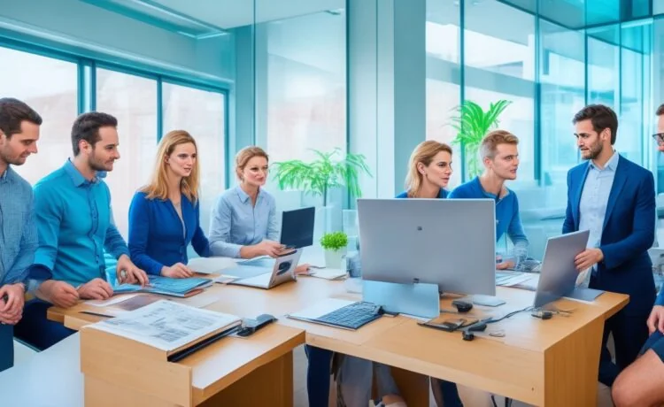Ein lebendiges, warm ausgeleuchtetes Büro mit einem interdisziplinären Team in moderner Arbeitsatmosphäre, die konzentriert an Tablets und Laptops zusammenarbeitet, um Designentscheidungen anhand klarer Prinzipien zu treffen – natürliche Tageslichtstrahlen durch große Fenster schaffen eine freundliche, produktive Stimmung voller Zusammenarbeit und Vertrauen.