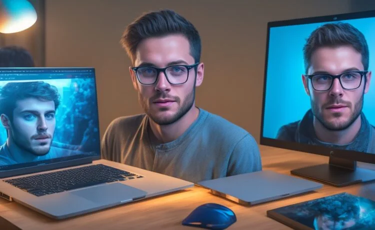 Eine helle, freundliche Szene eines modernen Kreativbüros bei Tageslicht, in der ein vielfältiges Team konzentriert an Laptops arbeitet und auf einem großen Bildschirm ein fotorealistisches, digitales 3D-Avatar-Porträt zu sehen ist, das subtil die Spannung zwischen menschlicher Authentizität und virtueller Inszenierung widerspiegelt.