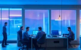 Ein lebhaftes, natürlich beleuchtetes Büro mit einem jungen Entwicklerteam, das konzentriert und freundlich an modernen Computern zusammenarbeitet, während Tageslicht durch große Fenster fällt und eine warme, einladende Atmosphäre für die kreative Zusammenarbeit an KI-gestützter Web-App-Entwicklung schafft.