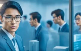 Ein strahlend helles, natürlich beleuchtetes Porträt eines asiatischstämmigen Forschers in modernem Büro, der mit einem warmen Lächeln und konzentriertem Blick an einem transparenten Bildschirm voller virtueller Daten arbeitet, umgeben von zeitgemäßer Technik und Pflanzen, das zukunftsorientierte KI-Innovation und globale Zusammenarbeit verkörpert.