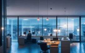 Ein modernes, hell erleuchtetes Büro mit einem konzentrierten IT-Administrator, der vor mehreren Bildschirmen mit technischen Grafiken und Fortschrittsanzeigen sitzt, während warmes Tageslicht durch große Fenster fällt und eine Atmosphäre von verantwortungsbewusstem Handeln und digitaler Sicherheit schafft.