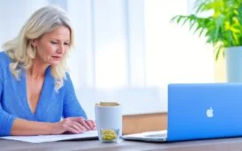 Eine lebendige, sonnendurchflutete Büroszene mit einer entspannten, nachdenklichen Frau vor einem Laptop, die konzentriert ihre persönlichen Daten überprüft, während warme Sonnenstrahlen durch große Fenster fallen und eine Atmosphäre von Zuversicht und aktiver Selbstfürsorge schaffen.