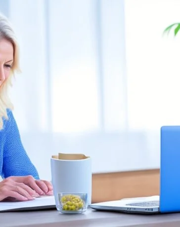 Eine lebendige, sonnendurchflutete Büroszene mit einer entspannten, nachdenklichen Frau vor einem Laptop, die konzentriert ihre persönlichen Daten überprüft, während warme Sonnenstrahlen durch große Fenster fallen und eine Atmosphäre von Zuversicht und aktiver Selbstfürsorge schaffen.