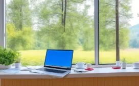 Eine helle, sonnendurchflutete Büroszene mit technikaffinem Menschen, der konzentriert an einem Laptop arbeitet, während im Hintergrund durch ein großes Fenster eine goldene Hitze des Spätnachmittags flimmert – ein lebendiges Bild, das die Herausforderung von digitalen Geräten bei steigenden Temperaturen zeigt.