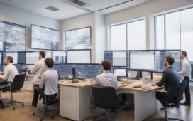 Ein strahlend helles, natürlich beleuchtetes Büro mit freundlicher Atmosphäre, in dem ein divers zusammengesetztes Team von Finanzexperten und Data Scientists konzentriert vor modernen Bildschirmen mit komplexen Datenvisualisierungen arbeitet, während warmes Tageslicht sanft durch große Fenster fällt und innovative Hightech-Lösungen für KI-gestützte Anomalie-Erkennung im Finanzwesen verkörpert.