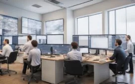 Ein strahlend helles, natürlich beleuchtetes Büro mit freundlicher Atmosphäre, in dem ein divers zusammengesetztes Team von Finanzexperten und Data Scientists konzentriert vor modernen Bildschirmen mit komplexen Datenvisualisierungen arbeitet, während warmes Tageslicht sanft durch große Fenster fällt und innovative Hightech-Lösungen für KI-gestützte Anomalie-Erkennung im Finanzwesen verkörpert.