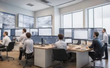 Ein strahlend helles, natürlich beleuchtetes Büro mit freundlicher Atmosphäre, in dem ein divers zusammengesetztes Team von Finanzexperten und Data Scientists konzentriert vor modernen Bildschirmen mit komplexen Datenvisualisierungen arbeitet, während warmes Tageslicht sanft durch große Fenster fällt und innovative Hightech-Lösungen für KI-gestützte Anomalie-Erkennung im Finanzwesen verkörpert.
