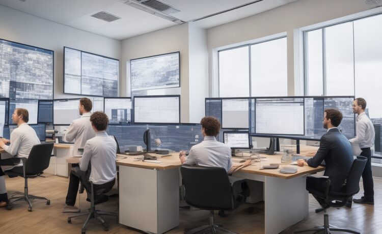 Ein strahlend helles, natürlich beleuchtetes Büro mit freundlicher Atmosphäre, in dem ein divers zusammengesetztes Team von Finanzexperten und Data Scientists konzentriert vor modernen Bildschirmen mit komplexen Datenvisualisierungen arbeitet, während warmes Tageslicht sanft durch große Fenster fällt und innovative Hightech-Lösungen für KI-gestützte Anomalie-Erkennung im Finanzwesen verkörpert.