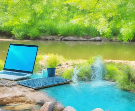 Ein sonnendurchfluteter Arbeitsplatz mit einem offenen Laptop und Smartphone, umgeben von frischen Grünpflanzen und einem Glas Wasser, das die warme Atmosphäre eines sommerlichen Nachmittags einfängt, während eine Person konzentriert und entspannt im Hintergrund die Geräte nutzt – ein harmonisches Zusammenspiel von Technik, Mensch und natürlichem Licht unter sommerlicher Hitze.