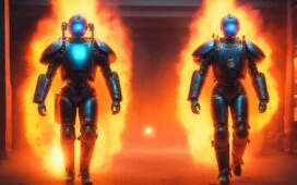 In einem hell erleuchteten, modern eingerichteten Labor zeigt eine freundliche, menschenähnliche Roboterfigur mit sanftem Lächeln und natürlicher Körperhaltung begeistert einer jungen Ingenieurin, umgeben von warmem Tageslicht durch große Fenster, wie technologische Innovation und menschliche Neugier in harmonischem Fortschritt verschmelzen.