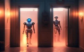 In einem hell erleuchteten, modernen Labor steht ein eleganter humanoider Roboter mit sanften, menschenähnlichen Gesten neben einem lächelnden Ingenieur, während warmes Tageslicht durch große Fenster fällt und eine Atmosphäre von Fortschritt, Hoffnung und technologischer Nähe schafft.