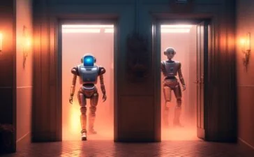 In einem hell erleuchteten, modernen Labor steht ein eleganter humanoider Roboter mit sanften, menschenähnlichen Gesten neben einem lächelnden Ingenieur, während warmes Tageslicht durch große Fenster fällt und eine Atmosphäre von Fortschritt, Hoffnung und technologischer Nähe schafft.