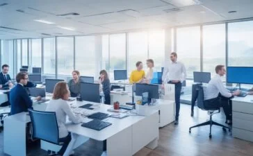 Ein lichtdurchflutetes, modernes Büro mit einem vielfältigen Team aus IT-Experten, die konzentriert vor mehreren Bildschirmen mit komplexen Datenvisualisierungen und Grafiken sitzen, während warme natürliche Sonnenstrahlen den Raum durchfluten und eine einladende, zukunftsorientierte Atmosphäre schaffen.