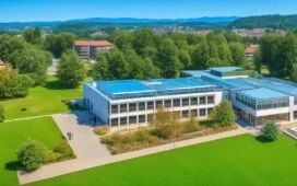 Ein sonnendurchfluteter Blick auf den modernen Campus Martinsried mit gläsernen, nachhaltigen Neubauten und Forschenden in lebhafter Diskussion vor grünen Bäumen, der Zukunftsgeist und Innovationskraft der Max-Planck-Gesellschaft in warmem, natürlichem Licht einfängt.