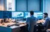 Ein strahlend helles, natürlich beleuchtetes Porträt eines nachdenklichen IT-Experten in modernem Büro, der bei Tageslicht konzentriert vor einem Laptop sitzt, umgeben von Bildschirmen mit technischen Dashboards, das warme, freundliche Ambiente vermittelt Vertrauen und Kompetenz in der digitalen Sicherheit.