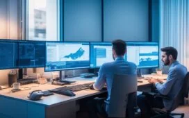 Ein strahlend helles, natürlich beleuchtetes Porträt eines nachdenklichen IT-Experten in modernem Büro, der bei Tageslicht konzentriert vor einem Laptop sitzt, umgeben von Bildschirmen mit technischen Dashboards, das warme, freundliche Ambiente vermittelt Vertrauen und Kompetenz in der digitalen Sicherheit.