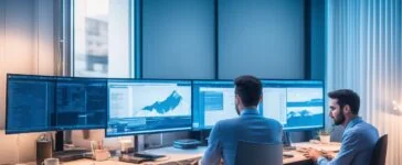 Ein strahlend helles, natürlich beleuchtetes Porträt eines nachdenklichen IT-Experten in modernem Büro, der bei Tageslicht konzentriert vor einem Laptop sitzt, umgeben von Bildschirmen mit technischen Dashboards, das warme, freundliche Ambiente vermittelt Vertrauen und Kompetenz in der digitalen Sicherheit.