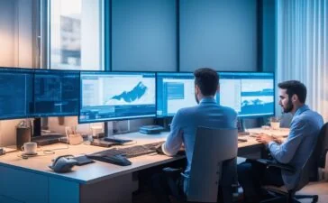 Ein strahlend helles, natürlich beleuchtetes Porträt eines nachdenklichen IT-Experten in modernem Büro, der bei Tageslicht konzentriert vor einem Laptop sitzt, umgeben von Bildschirmen mit technischen Dashboards, das warme, freundliche Ambiente vermittelt Vertrauen und Kompetenz in der digitalen Sicherheit.