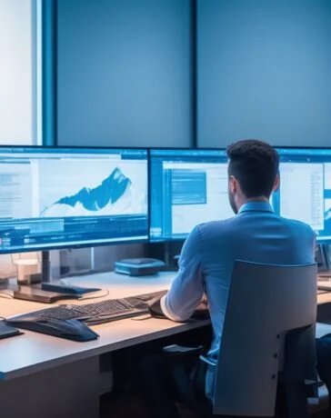 Ein strahlend helles, natürlich beleuchtetes Porträt eines nachdenklichen IT-Experten in modernem Büro, der bei Tageslicht konzentriert vor einem Laptop sitzt, umgeben von Bildschirmen mit technischen Dashboards, das warme, freundliche Ambiente vermittelt Vertrauen und Kompetenz in der digitalen Sicherheit.