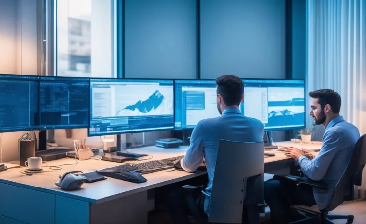 Ein strahlend helles, natürlich beleuchtetes Porträt eines nachdenklichen IT-Experten in modernem Büro, der bei Tageslicht konzentriert vor einem Laptop sitzt, umgeben von Bildschirmen mit technischen Dashboards, das warme, freundliche Ambiente vermittelt Vertrauen und Kompetenz in der digitalen Sicherheit.