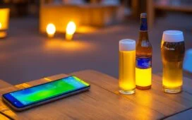 Ein strahlend helles, natürlich beleuchtetes Close-up eines modernen iPhones auf einem warm eingerichteten Holztisch, umgeben von entspannten Nutzer:innen in freundlicher Atmosphäre, die konzentriert das Display prüfen und so den Fokus auf den sensiblen Umgang mit Akku und Technik im Alltag legen.