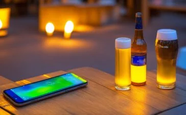 Ein strahlend helles, natürlich beleuchtetes Close-up eines modernen iPhones auf einem warm eingerichteten Holztisch, umgeben von entspannten Nutzer:innen in freundlicher Atmosphäre, die konzentriert das Display prüfen und so den Fokus auf den sensiblen Umgang mit Akku und Technik im Alltag legen.