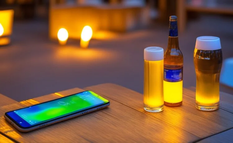 Ein strahlend helles, natürlich beleuchtetes Close-up eines modernen iPhones auf einem warm eingerichteten Holztisch, umgeben von entspannten Nutzer:innen in freundlicher Atmosphäre, die konzentriert das Display prüfen und so den Fokus auf den sensiblen Umgang mit Akku und Technik im Alltag legen.