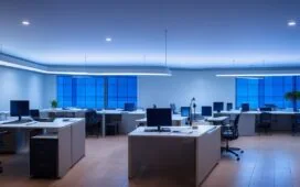 Ein hell erleuchtetes, modernes Büro mit entspannten Entwickler:innen, die konzentriert an Laptops arbeiten, umgeben von natürlichem Tageslicht und warmen Holzakzenten, das Bild strahlt eine einladende, zukunftsoptimistische Atmosphäre voller Energie und Kreativität aus.