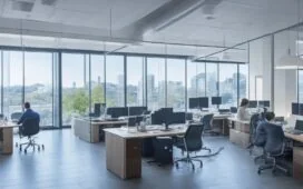 Ein sonnendurchflutetes, modernes Büro mit Menschen unterschiedlicher Herkunft, die konzentriert an Laptops und Tablets arbeiten, während sanfte warme Lichtstrahlen durch große Fenster fallen und eine Atmosphäre von Zuversicht und digitaler Vernetzung schaffen.