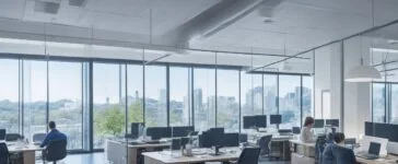 Ein sonnendurchflutetes, modernes Büro mit Menschen unterschiedlicher Herkunft, die konzentriert an Laptops und Tablets arbeiten, während sanfte warme Lichtstrahlen durch große Fenster fallen und eine Atmosphäre von Zuversicht und digitaler Vernetzung schaffen.