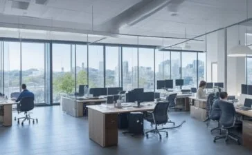 Ein sonnendurchflutetes, modernes Büro mit Menschen unterschiedlicher Herkunft, die konzentriert an Laptops und Tablets arbeiten, während sanfte warme Lichtstrahlen durch große Fenster fallen und eine Atmosphäre von Zuversicht und digitaler Vernetzung schaffen.
