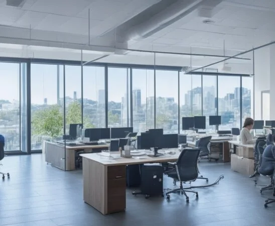 Ein sonnendurchflutetes, modernes Büro mit Menschen unterschiedlicher Herkunft, die konzentriert an Laptops und Tablets arbeiten, während sanfte warme Lichtstrahlen durch große Fenster fallen und eine Atmosphäre von Zuversicht und digitaler Vernetzung schaffen.