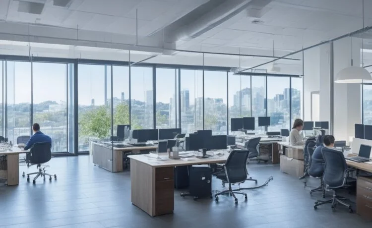 Ein sonnendurchflutetes, modernes Büro mit Menschen unterschiedlicher Herkunft, die konzentriert an Laptops und Tablets arbeiten, während sanfte warme Lichtstrahlen durch große Fenster fallen und eine Atmosphäre von Zuversicht und digitaler Vernetzung schaffen.