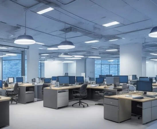 Ein hell erleuchtetes modernes Büro mit freundlichen, konzentrierten Fachleuten, die in einem offenen Raum an großen Bildschirmen mit Datenvisualisierungen arbeiten, umgeben von warmem Tageslicht und einer Atmosphäre von Zusammenarbeit und digitaler Innovation.