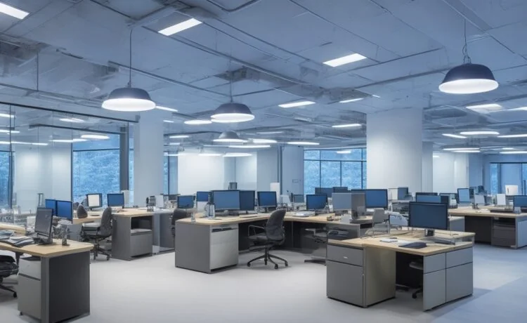 Ein hell erleuchtetes modernes Büro mit freundlichen, konzentrierten Fachleuten, die in einem offenen Raum an großen Bildschirmen mit Datenvisualisierungen arbeiten, umgeben von warmem Tageslicht und einer Atmosphäre von Zusammenarbeit und digitaler Innovation.